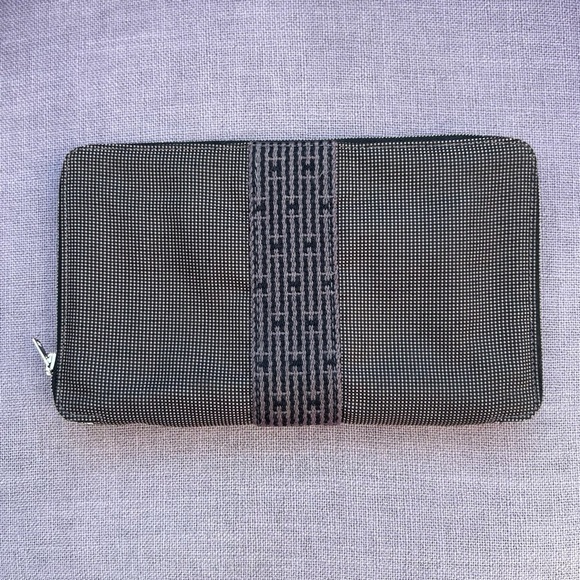 Hermes Large Organizer Yell Lone Long Wallet Canvas Nylon Gray Navy Zip Around - Picture 5 of 5